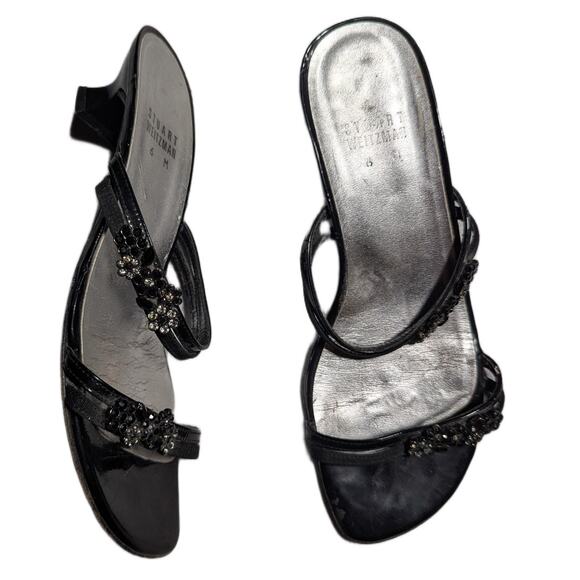 Vtg Y2K Stuart Weitzman Black Rhinestone Embellished Kitten Heel Mule Sandals 6 - Picture 1 of 6